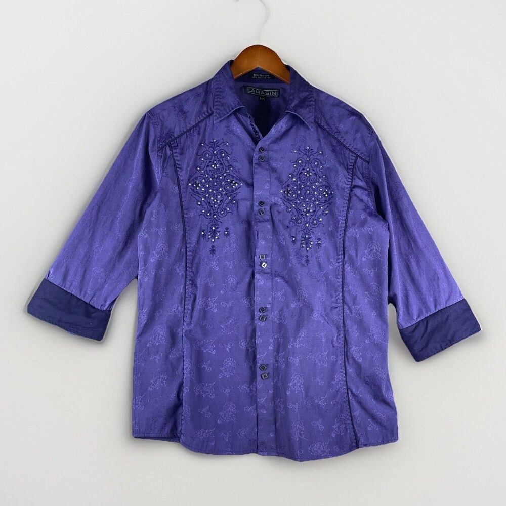 Lamasini Rock Shirt Purple Rhinestone Embroidery Floral 3/4 Sleeve Mens Size M